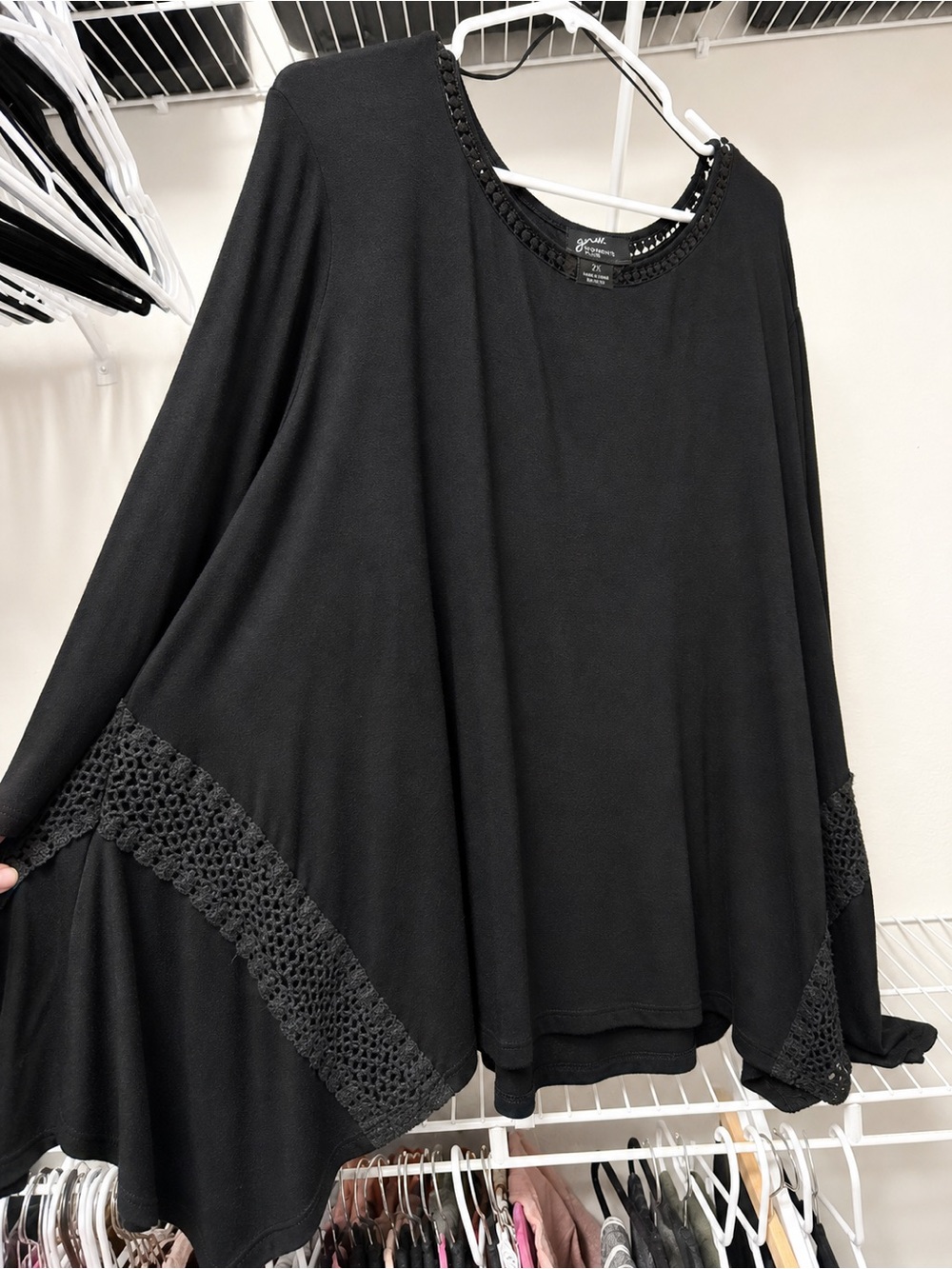 GNW Black Crochet-Trim Scoop Neck Sweater